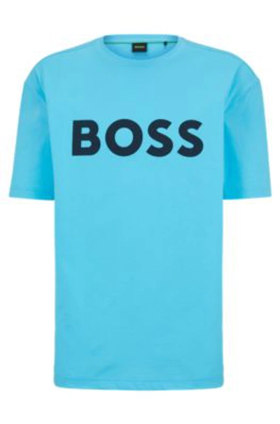Shop Hugo Boss Cotton-jersey Crew-neck T-shirt With Logo Print In Light Blue