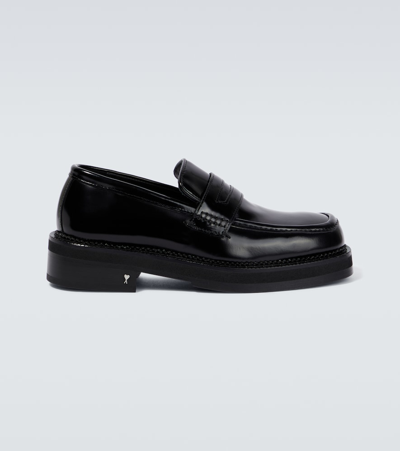 Shop Ami Alexandre Mattiussi Brushed Leather Penny Loafers In Black