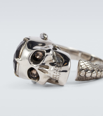 Shop Alexander Mcqueen Victorian Skull Ring In A.silv/greige/jet