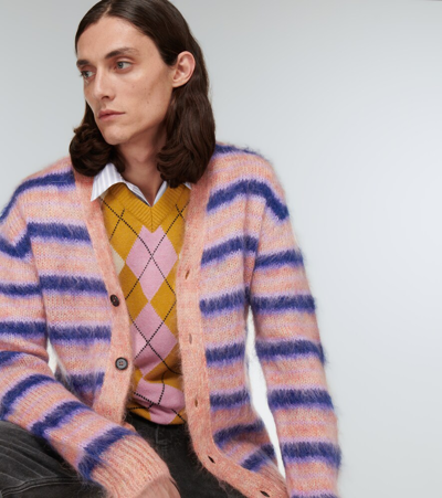 Shop Marni Striped Brushed Mohair-blend Cardigan In Apricot