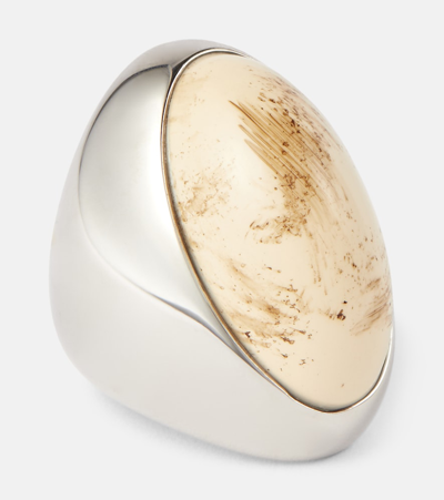 Shop Saint Laurent Cabochon Ring In Palladium/cream