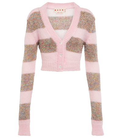 Marni Striped Paillette Crop Cardigan In Azalea