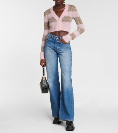 Shop Marni Embellished Striped Cropped Cardigan In Azalea