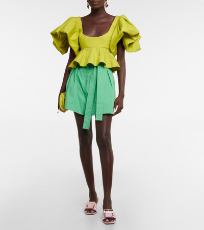 Shop Oscar De La Renta Peplum Cotton Crop Top In Chartreuse