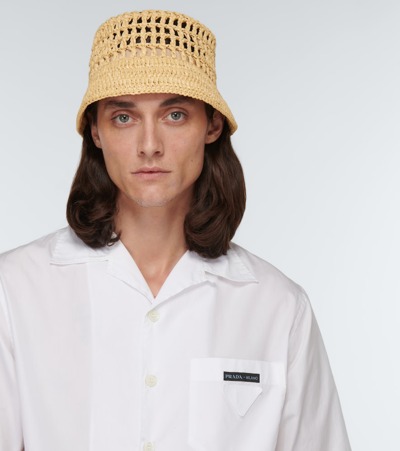 Prada Beige Raffia Bucket Hat In Naturale