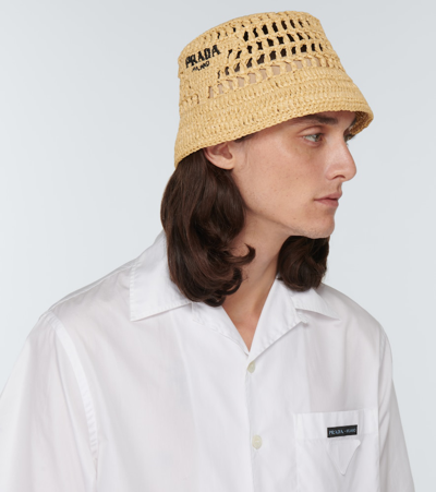 Shop Prada Raffia Bucket Hat In Naturale