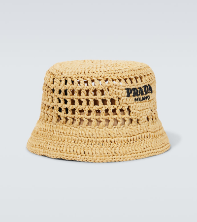 Shop Prada Raffia Bucket Hat In Naturale