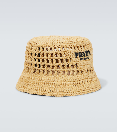 Prada Beige Raffia Bucket Hat In Naturale