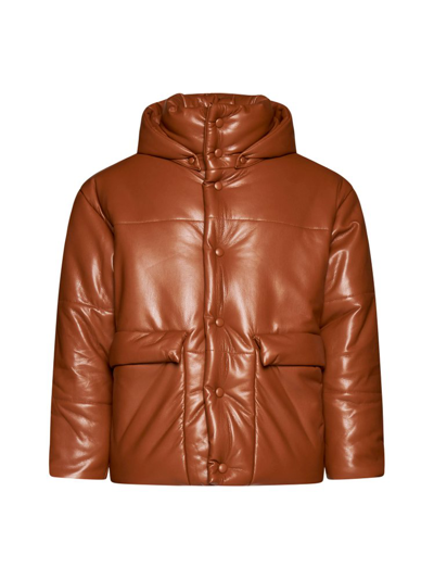 Shop Nanushka Hooded Buttoned Puffer Jacket In Brown