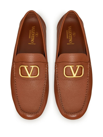 Shop Valentino Vlogo Signature Leather Driving Shoes In Brown