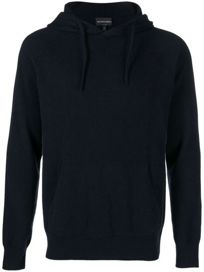 Shop Emporio Armani Raglan-sleeved Knit Hoodie In Blue