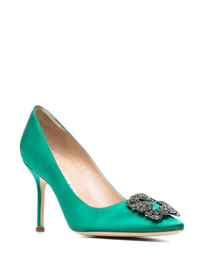 Manolo Blahnik Hangisi 70 Satin Pumps With Clc Crystal Buckle In Green