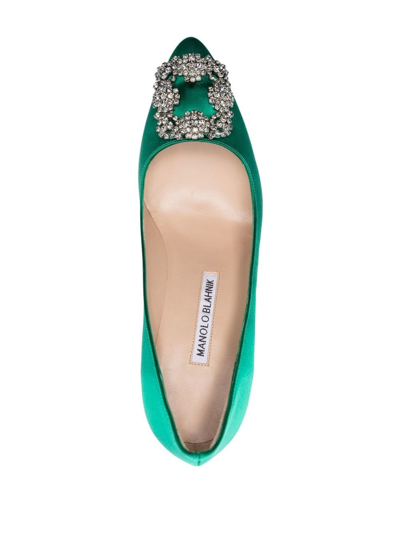 Manolo Blahnik Hangisi 70 Satin Pumps With Clc Crystal Buckle In Green