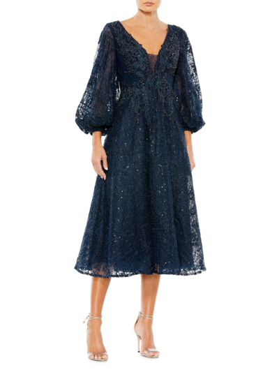 Shop Mac Duggal Women's Embellished Plunge-neck Bishop-sleeve Midi-dress In Midnight