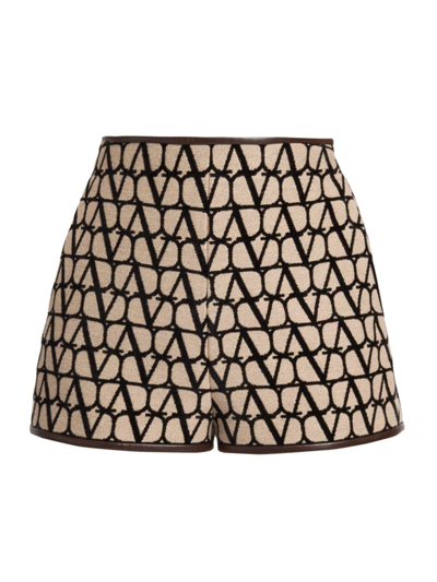 Shop Valentino Women's Leather-trimmed Jacquard-knit Shorts In Beige Black