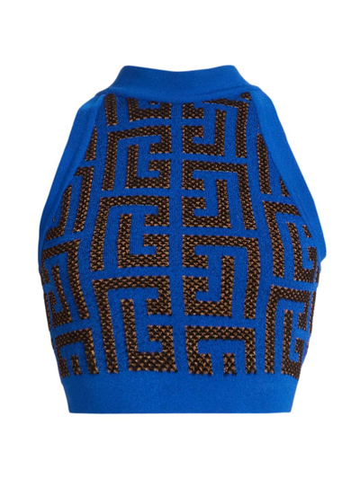 Shop Balmain Women's Pharaon Monogrammed-knit Top In Electric Blue Black