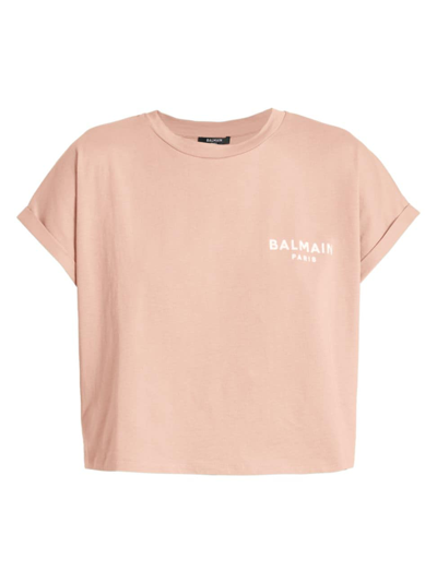 Shop Balmain Women's Flocked Logo Cropped T-shirt In Pink