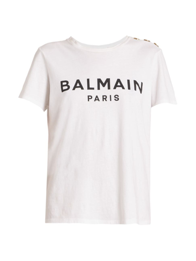Shop Balmain Women's Button-embellished Logo T-shirt In White Black