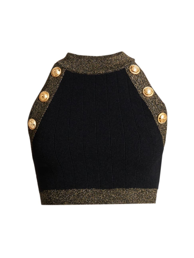 Shop Balmain Women's Buttoned Crop Top In Black Gold