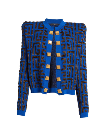 Balmain Monogram Jacquard Sweater In Blue