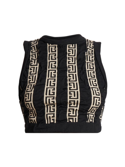 Shop Balmain Women's Cropped Monogram-striped Top In Ivory Black