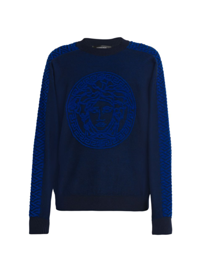 Shop Versace Men's Medusa Logo Knit Crewneck Sweater In Navy