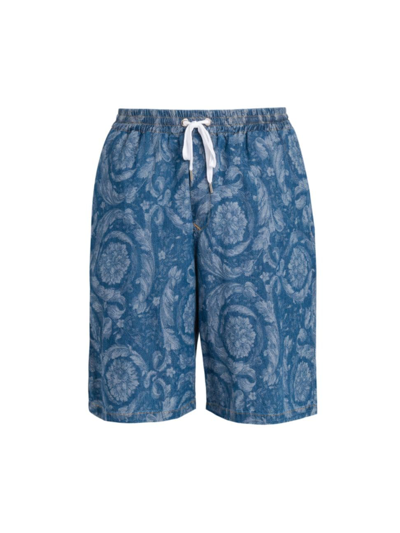 Shop Versace Men's Drawstring Printed Denim Shorts In Washed Medium Blue