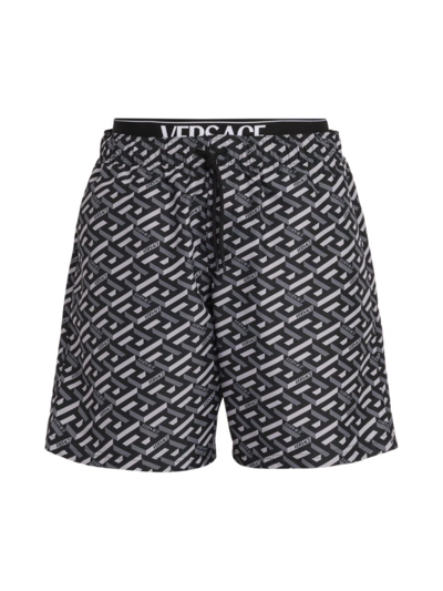 Shop Versace Men's Logo Print Drawstring Swim Shorts In Black Grey