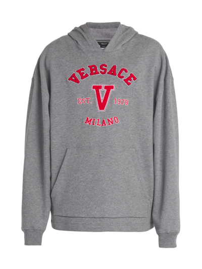 Shop Versace Men's Varsity Logo Hoodie Sweatshirt In Medium Grey