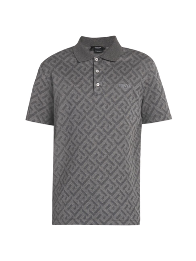 Shop Versace Men's Logo Cotton Polo Shirt In Grey Melanges