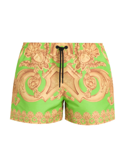 Shop Versace Men's Barocco Print Swim Shorts In Lime Gold