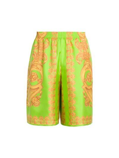 Shop Versace Men's Barocco Silk Shorts In Lime Gold