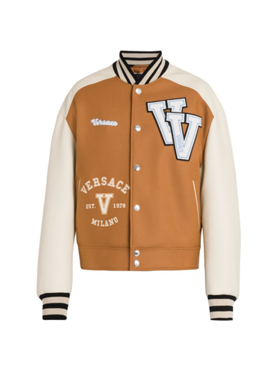 Shop Versace Men's Logo Patch Leather Blouson Jacket In Toffee White