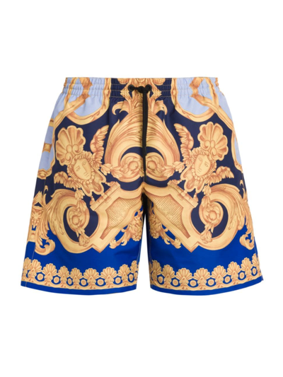 Shop Versace Men's Baroque Print Drawstring Swim Shorts In Navy Cobalt Gold