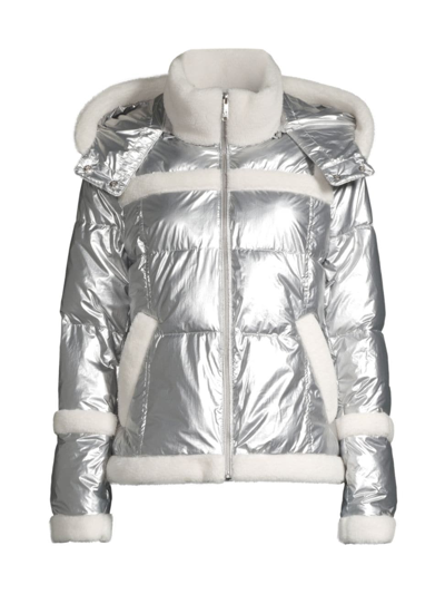 Shop Sam Edelman Women's Metallic Puffer Jacket In Silver