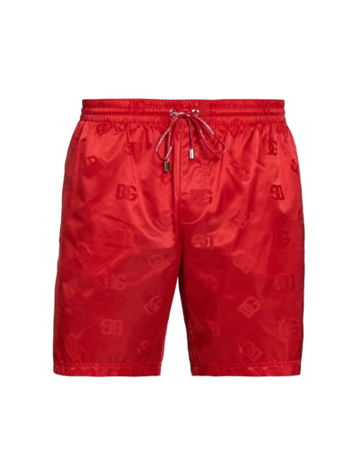 Shop Dolce & Gabbana Men's Monogram Print Swim Trunks In Bordeaux Medio