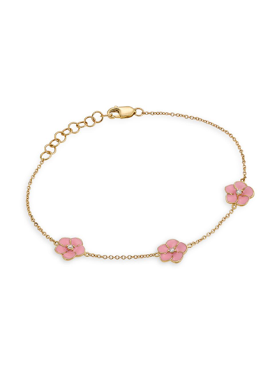 Shop Stephanie Gottlieb Women's 14k Yellow Gold, Enamel, & 0.05 Tcw Diamond Flower Bracelet In Pink