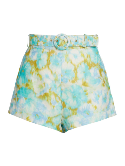 Shop Zimmermann Women's High Tide Belted Ikat Linen Shorts In Aqua Ikat Floral