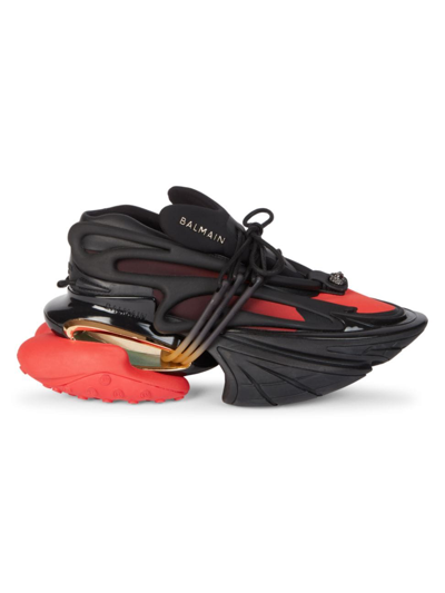 Shop Balmain Men's Unicorn Low-top Sneakers In Black Red