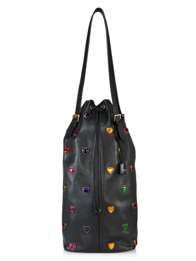 Shop Saint Laurent Women's Large Riva Heart-embellished Leather Bucket Bag In Noir