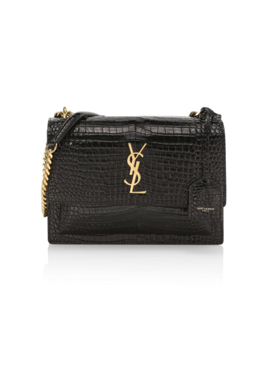Shop Saint Laurent Women's Medium Sunset Croc-embossed Leather Shoulder Bag In Noir
