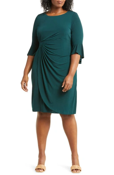 Shop Connected Apparel Gathered Bell Sleeve Faux Wrap Dress In Hunter