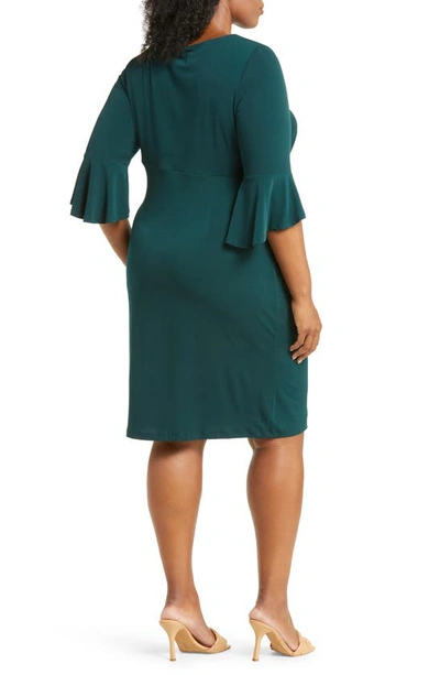 Connected Apparel Gathered Bell Sleeve Faux Wrap Dress In Hunter