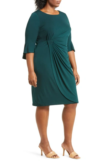 Connected Apparel Gathered Bell Sleeve Faux Wrap Dress In Hunter