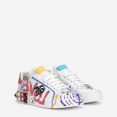 Dolce & Gabbana Calfskin Portofino Sneakers With Lettering In Multicolor