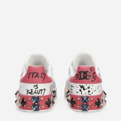 Dolce & Gabbana Calfskin Portofino Sneakers With Lettering In Multicolor