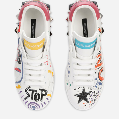 Shop Dolce & Gabbana Calfskin Portofino Sneakers With Lettering In Multicolor