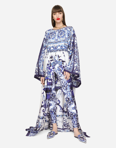 Shop Dolce & Gabbana Silk Twill Caftan With Majolica Print In Multicolor