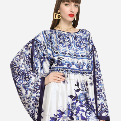 Dolce & Gabbana Silk Twill Caftan With Majolica Print In Multicolor