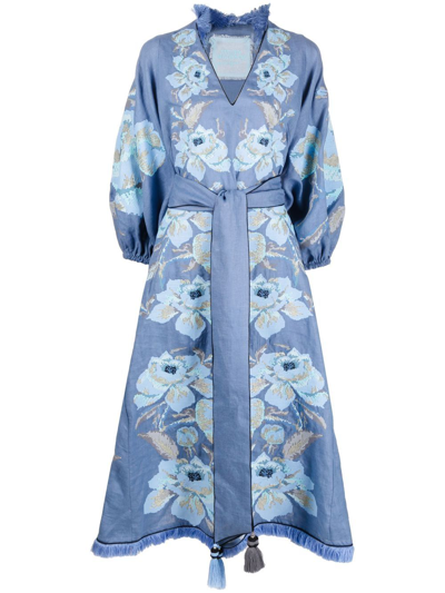 Shop Yuliya Magdych Floral-jacquard Linen Midi Dress In Blue